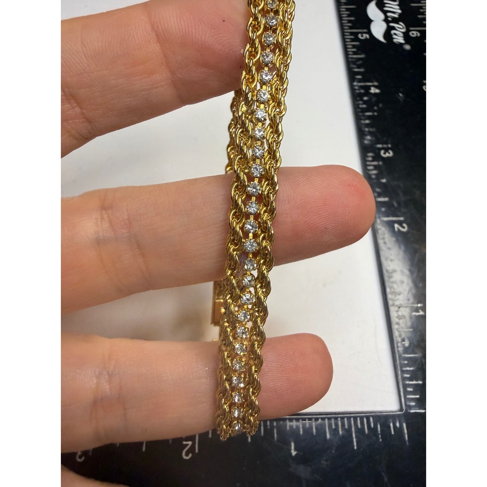 Gold Tone Triple Strand Rope Chain Rhinestone Bracelet Fold Over Clasp 7.25in
